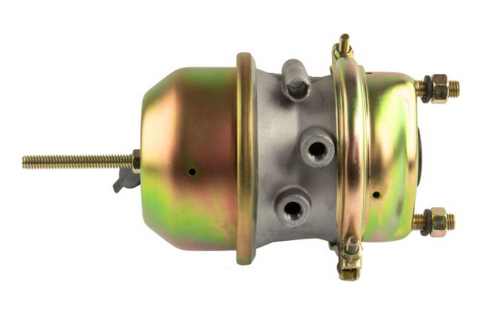 Close-up image of the World American WAK041960 spring brake chamber, showing heavy-duty construction, push rod, and port connections—direct replacement for Bendix K041960 disc brake chambers.