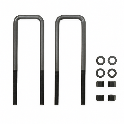 Suspension U-bolt kit 1214354KIT comprising two ¾″ diameter round-top U-bolts (3″ width × 12″ length), Grade-8 nuts and washers in boxed kit for trailer axle suspension mounting.