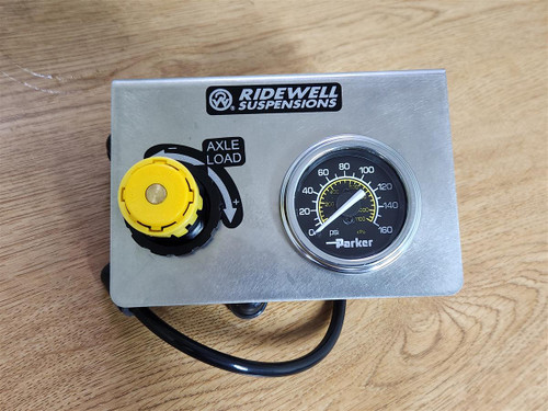 Front view of Ridewell 1210039 ACK Panel showing Parker air pressure gauge (0–160 psi) and yellow axle-load control knob for lift-axle air system regulation.