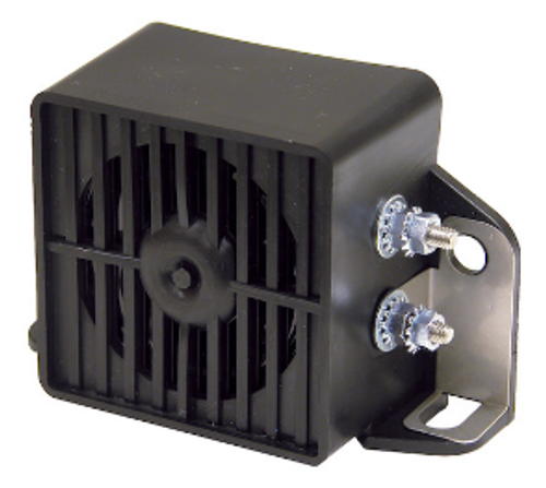 Compact rectangular back-up alarm unit with epoxy-sealed housing, self-grounding mounting tabs, rated 97 dB, 12 – 24 V DC input.
