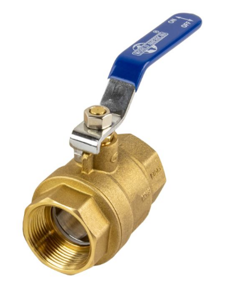 High-resolution image of the World American WABV20 1-1/4" brass ball valve, showing 1-1/4" NPT female connections and lever handle for trucks and trailers.