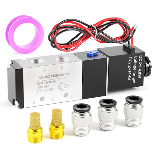 High-resolution image of a 12V DC aluminum double coil pneumatic solenoid valve with 3/8" NPT connection and out-of-line design for trucks and trailers.