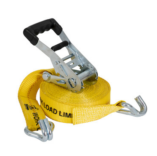 2-inch wide, 30-foot long ratchet strap with soft rubber grip ratchet handle and double J-hooks, zinc-plated hardware, designed for heavy-duty load securement.
