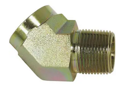 1-1/4″ NPT hydraulic street elbow with 45-degree bend, male-to-female threaded design. Yellow-zinc plated carbon-steel fitting rated for 3,000 PSI hydraulic use. 1-1/4″ NPT hydraulic street elbow with 45-degree bend, male-to-female threaded design. Yellow-zinc plated carbon-steel fitting rated for 3,000 PSI hydraulic use.