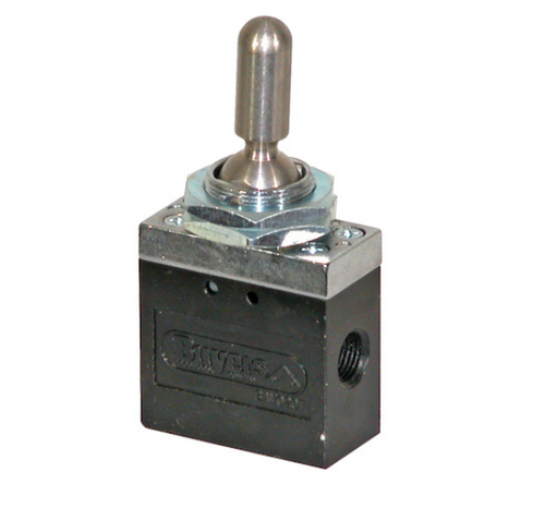 Buyers BAV020TD toggle valve showing manual lever with three detent positions, ¼″ NPT porting, compact housing for dashboard or enclosure mounting. Buyers BAV020TD toggle valve showing manual lever with three detent positions, ¼″ NPT porting, compact housing for dashboard or enclosure mounting.