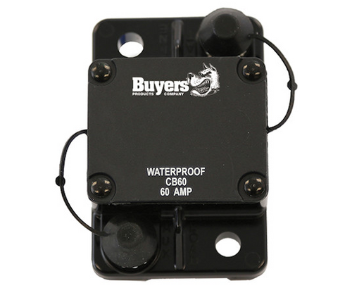 Black surface-mount circuit breaker labeled “CB60” with silver plated stud terminals, stainless hardware, and protective rubber boot on top.