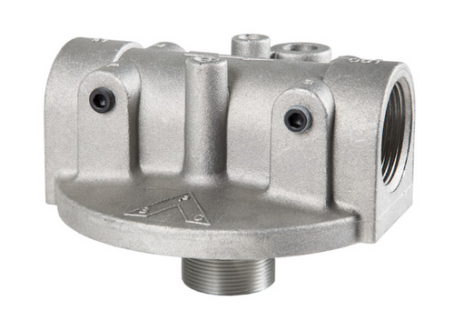 Cast filter head unit with 1-1/4″ NPT return line ports, 50 GPM flow rating, and 25 PSI bypass relief valve.