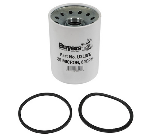 Photograph of the Buyers Products U3L6FE filter element — cylindrical shape, 25 micron specification printed on label, packaging showing Buyers Products branding and part number U3L6FE.