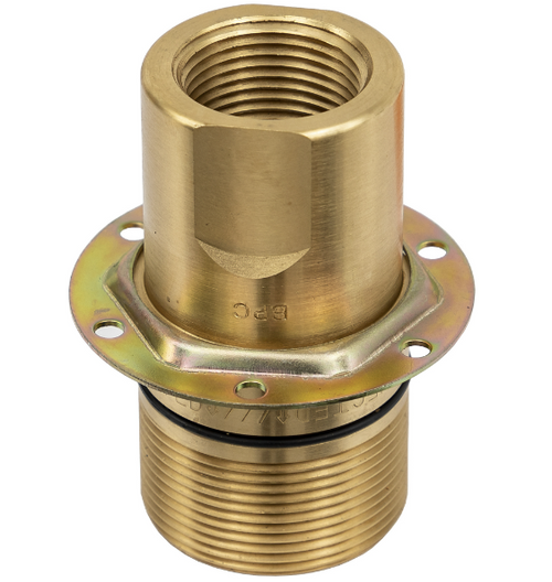 QDWC201 hydraulic quick coupler male end showing brass construction and 1-1/4″ NPT threaded fitting. QDWC201 hydraulic quick coupler male end showing brass construction and 1-1/4″ NPT threaded fitting.