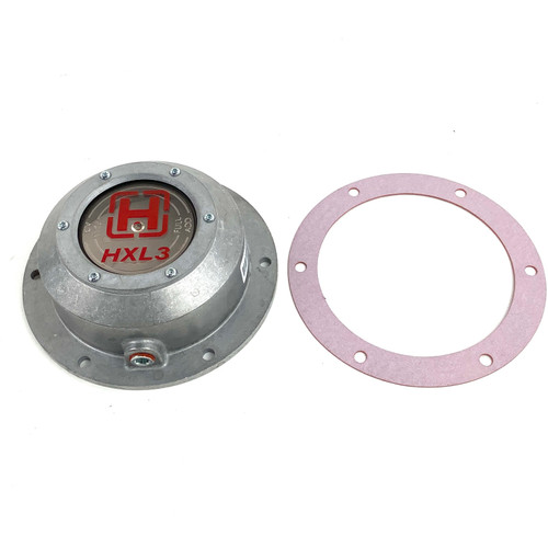 Hendrickson HNDS-35943-1 hubcap showing side fill port, bolt-on design, and high-performance oil retention cover for heavy-duty trailer axle installation.