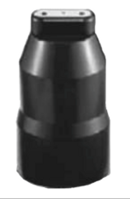 Durable black Hyva protective cap, designed to fit over pressure switch assemblies, featuring two cable entry ports to shield electrical connections in hydraulic systems.