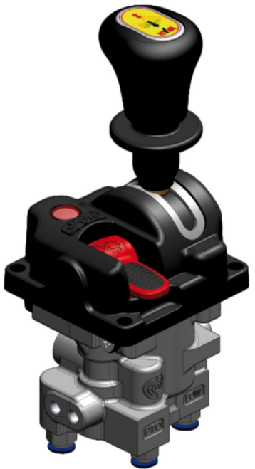 Compact 2-section pneumatic control valve for tipper and PTO management, aluminum construction, arrow-labeled toggle positions for tip, lower, and PTO with lamp.