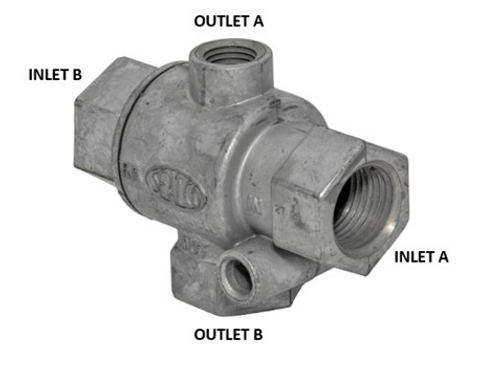 Rugged metal two-way check valve body with two large ½″ NPT inlet ports and dual outlet ports (¼″ and ½″), designed for inline use in truck and trailer brake systems.