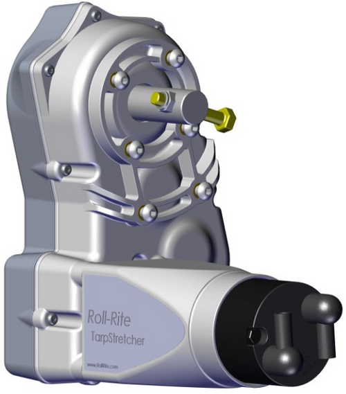 High-resolution image of the Roll-Rite 10200 TarpStretcher 12 V gear motor, showing chrome-finished housing, rugged spur/helical gear case, and power connector housing.