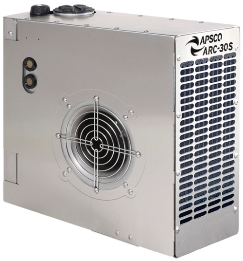 High-resolution image of the APSCO ARC-30S hydraulic oil cooler showing its slim stainless steel reservoir, integrated hydraulic-drive fan, and rugged construction. High-resolution image of the APSCO ARC-30S hydraulic oil cooler showing its slim stainless steel reservoir, integrated hydraulic-drive fan, and rugged construction.