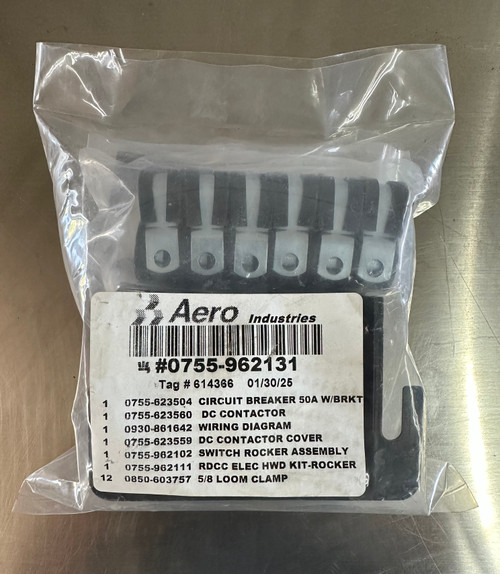 Comprehensive view of the Aero 0755-962131 Reverse DC Contactor Kit components, including the 50A circuit breaker, DC contactor, rocker switch assembly, and associated hardware.