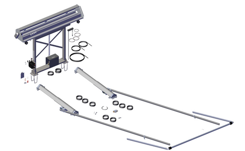 Roll-Rite 69311 tower assembly — 54-inch high capacity housing, wide bow set arms extended, front tower view with pivot springs.