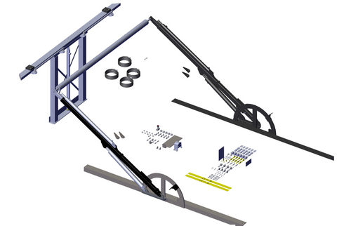 Roll-Rite 79310 ALC310 hydraulic tarp system kit: shows hydraulic gantry tower, hydraulic slide arms, hooklift pivot mounts (left & right), HD tarp 22′ with hook cut-out, and related mounting hardware.