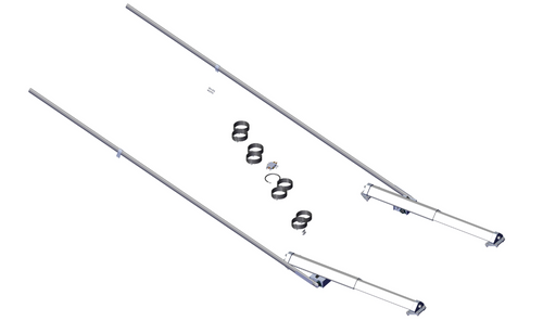 Roll-Rite 47720 pivot set: shows 3-ft low profile sliding pivot halves, 8-spring pack, long 192″ tubes with set screws, triangular cast end brackets, and pivot tie-down brackets.