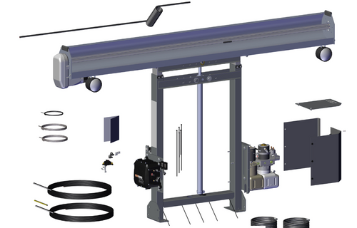 Roll-Rite 101531 SDX 12V single-stage tower assembly showing control box, pump unit, spool with integrated housing, cylinder, wiring harness, and stationary tower for integrated housing.