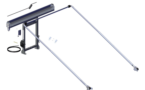 DC200 Stationary Tower assembly 69200 — showing stationary tower, external pivot arms at 84″, and wide bow components mounted for detachable container use.