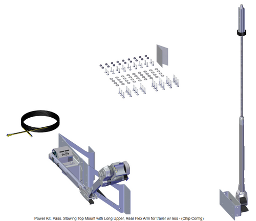 Roll-Rite 37116 Power Kit showing the long upper arm, rear flex arm, top-mount pivot, motor, and associated brackets and mounting hardware.
