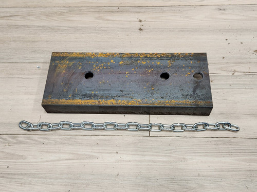 Don Dens Sales 18-inch x 7-inch A36 steel weld-on dump body vibrator mount with 1/4-inch Grade 30 zinc-plated chain for Buyers DBV3500 and DBV35001.
