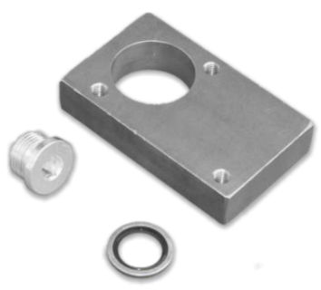 Heavy-duty mounting bracket kit showing rectangular machined steel plate, pre-drilled bolt holes, and included fasteners for direct installation of HYVA tipping valve assemblies.