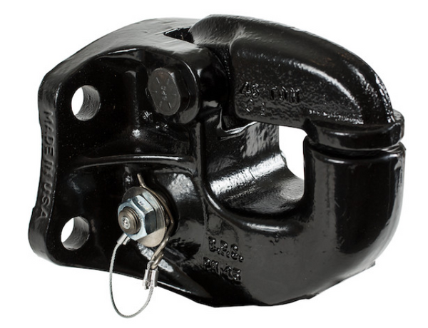 Buyers PH45 45-ton pintle hook showing hook throat, base flange, bolt holes — heavy-duty towing hook for trucks/trailers. Buyers PH45 45-ton pintle hook showing hook throat, base flange, bolt holes — heavy-duty towing hook for trucks/trailers.