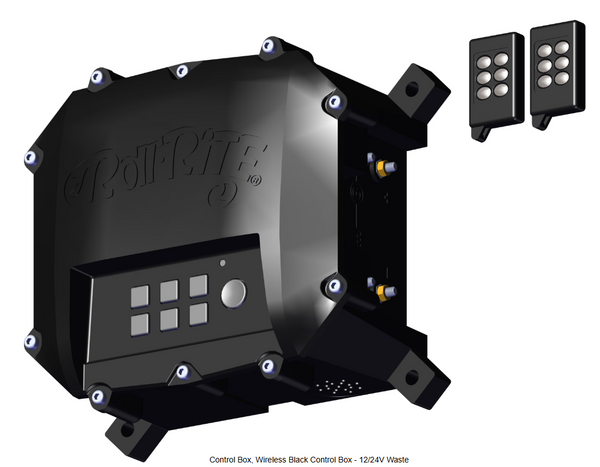 High-resolution image of the Roll-Rite 19865 Wireless Black Control Box, showcasing its sealed membrane push-button interface, work light button, and two 6-button key fob remotes, designed for 12/24V waste applications on dump trucks, trailers, and roll-off units, ensuring reliable and convenient tarp system control.