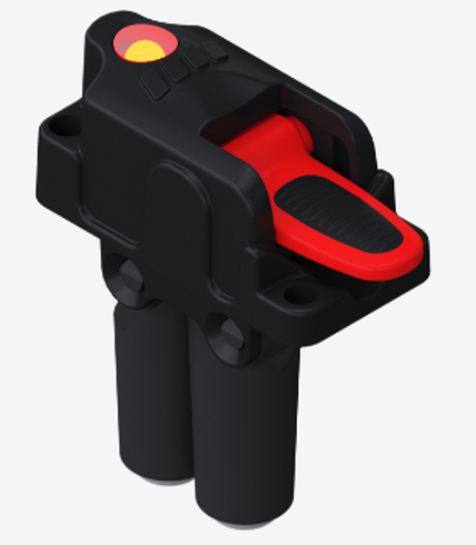 High-resolution image of the Hyva 02119025 pneumatic cab control switch, designed for dump trucks and trailers, showing ¼” NPT connection and durable construction.