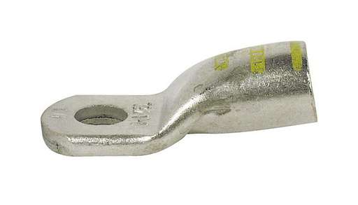 Tinned copper 4/0 gauge battery lug with 3/8 in stud hole and flared barrel.