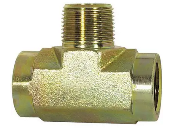 Zinc-plated steel hydraulic tee with male branch and two female ports, designed for high-pressure hydraulic and pneumatic systems.