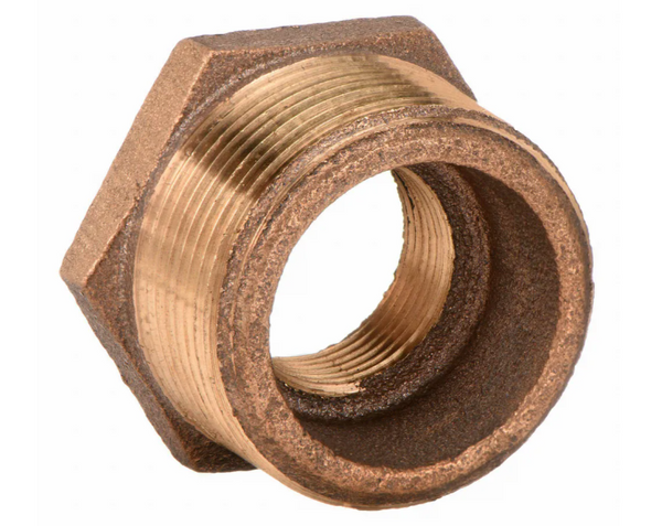 Brass hex pipe thread bushing with 1-1/2 inch MNPT outer thread and 1-1/4 inch FNPT inner thread, Class 125 red-brass construction.