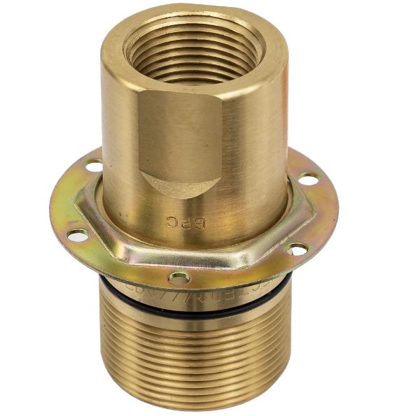 Buyers QDWC161 1-inch male wing-type hydraulic coupler shown with NPTF threaded end and precision-machined brass construction for high-flow dump and PTO hydraulic systems.