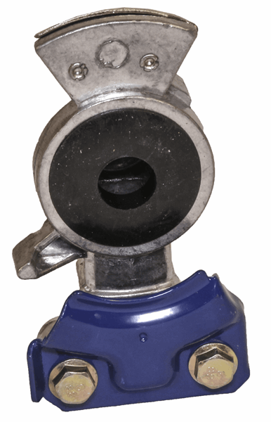 Blue service gladhand air brake coupler with straight mount design and 1/2 inch NPTF threaded port for truck and trailer air line connection.