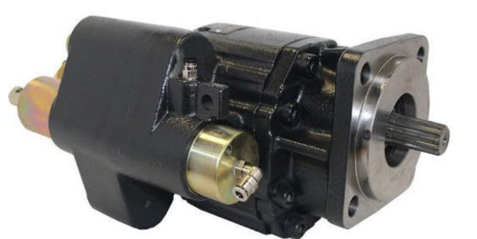 Heavy Motions LG27SD4R25N16 27 GPM right-hand air-shift dump pump with four-bolt DIN 5462 flange and eight-tooth shaft.