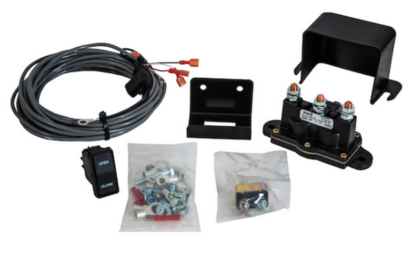 High-resolution image of the Buyers 5541020 Tarp Rocker Switch Kit with Solenoid, showcasing the rocker switch, solenoid, wiring harness, circuit breaker, and mounting bracket.