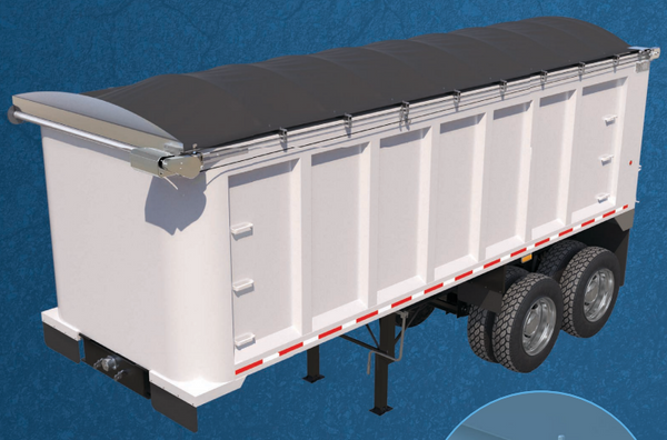High-resolution image of Aero Top Glide 30ft x 105in cabled tarp system installed on an extended dump truck body.
