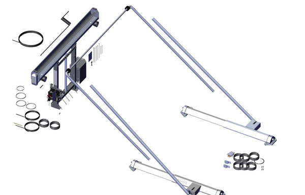 Roll-Rite 69300 tower system with wide bow set and 6-spring sliding pivot, showing top tube and side arms, mounted on roll-off container setup.