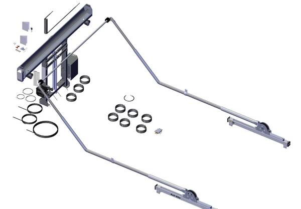 Roll-Rite 69352 DC352 dual-stage tower roll-off tarp system with Super Slider pivot, wide bow set with 45° offsets, integrated aluminum spool housing, hydraulic cylinder, and wireless control components – shown as complete system kit.