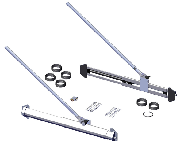 Roll-Rite 47700 Pivot Set — the 3-ft vertical sliding pivot assembly with five springs, showing pivot tube, spring pack, mounting flange, and slide bracket.