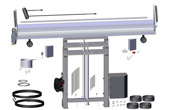 Image of the Roll-Rite 69100 DC100 Dual-Stage Armless Tower assembly, showing the hydraulic cylinder, aluminum spool housing, and tower base components used in roll-off tarp systems.