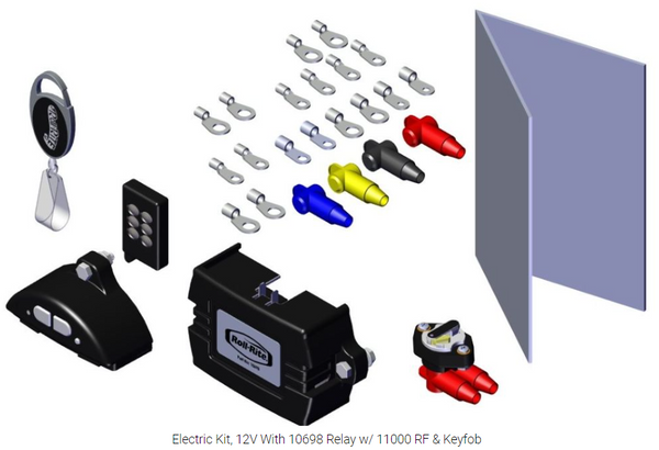 Standalone image of the Roll-Rite 10912 Electric Kit showing the RF receiver & keyfob, relay & breaker, wiring components — ready for installation in a truck tarp system.