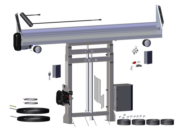 Roll Rite 103639 Tower Assembly, featuring a dual-stage tower, single valve hydraulic pump, and wireless control box for roll-off tarp systems.
