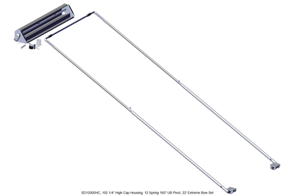 Roll-Rite 68012 spool kit showing housing, UB pivot set, long pivot tubes, and fully installed extreme bow set.