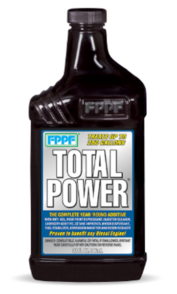 Black bottle of FPPF Total Power 32 oz fuel additive with blue, silver, and black label.