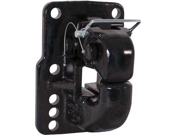 Heavy-duty black 50 ton pintle hook with 10 bolt hole mounting pattern for truck and trailer towing applications.