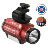 A red tactical flashlight with a mounting clamp, featuring C4 LED technology, is designed for durable use. It bears logos of the National Fallen Firefighters Foundation and C4 LED.