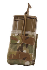 A front facing image of a multicam Scar-Single mag holder. Retention is supplied with a shock cord and a speed tab. This pocket is made from state of the art durable materials.
